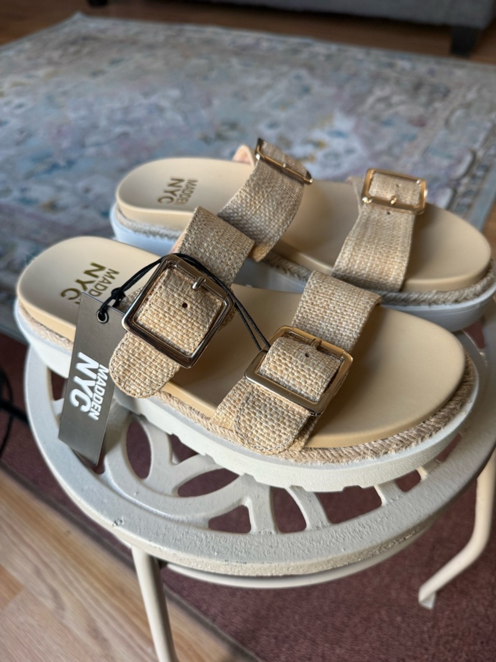 Madden NYC Platform Slide Sandals Beige Raffia Buckle Size 6 NEW